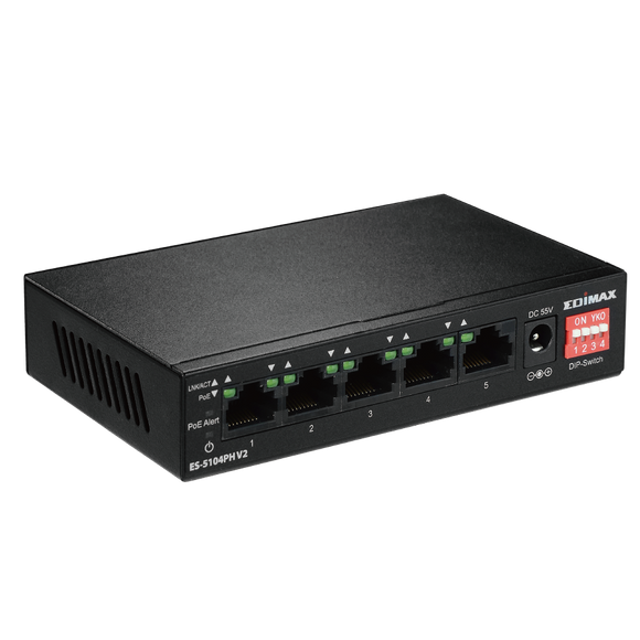 EDIMAX 5 Port 10/100 Fast Ethernet With 4x PoE+ Ports And DIP Switch.