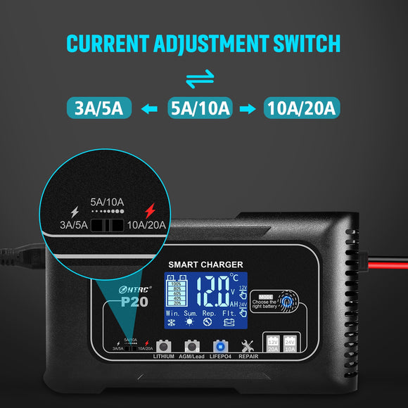 20A 12V-24V Car Battery Charger For AGM Lithium LiFePo4 GEL WET Lead Acid Battery (Pro# POR103)