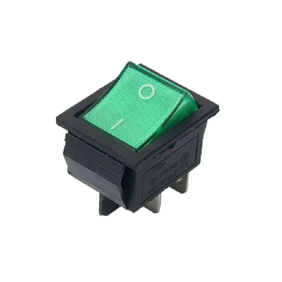 240V 15A DPST ON-OFF Illuminated Rocker Switch- Green 4 Pin (Large) (Pro# SWT112)