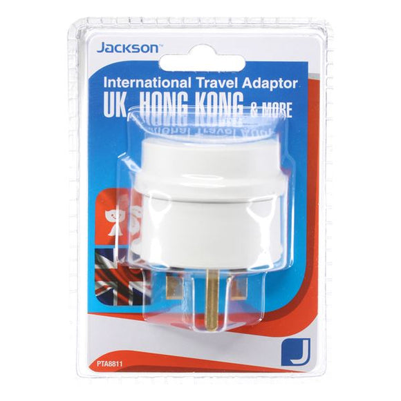 JACKSON Outbound Travel Adaptor. Converts NZ/AUS Plugs for use in UK/Hong Kong.